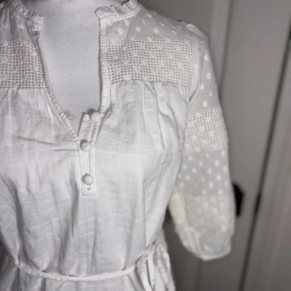 NEW NWT Ann Taylor Loft Dotted Lace Trim Flounce Swing Dress White Cotton XXS
